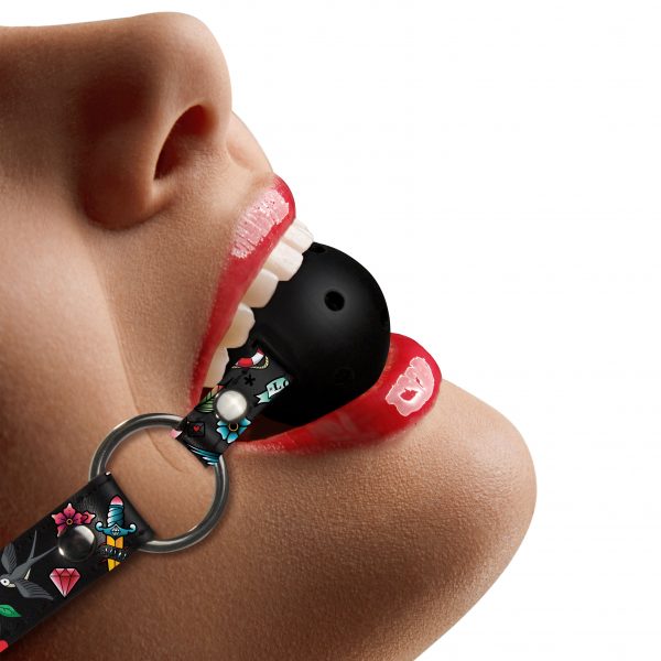 Ouch Breathable Ball Gag With Printed Leather Straps on model