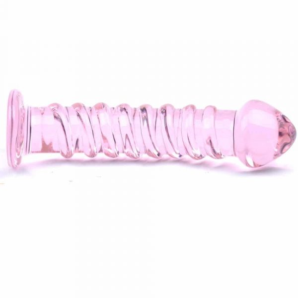 Textured Pink Glass Dildo on side